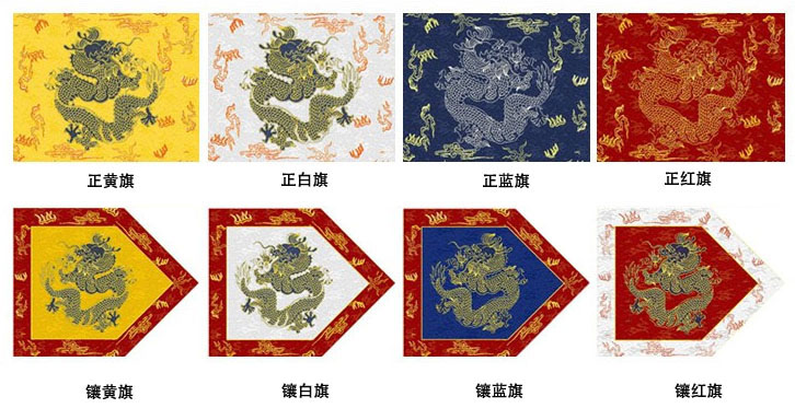 The eight banners of Qing society, from left to right: yellow, white, blue and red, with bordered versions of each underneath