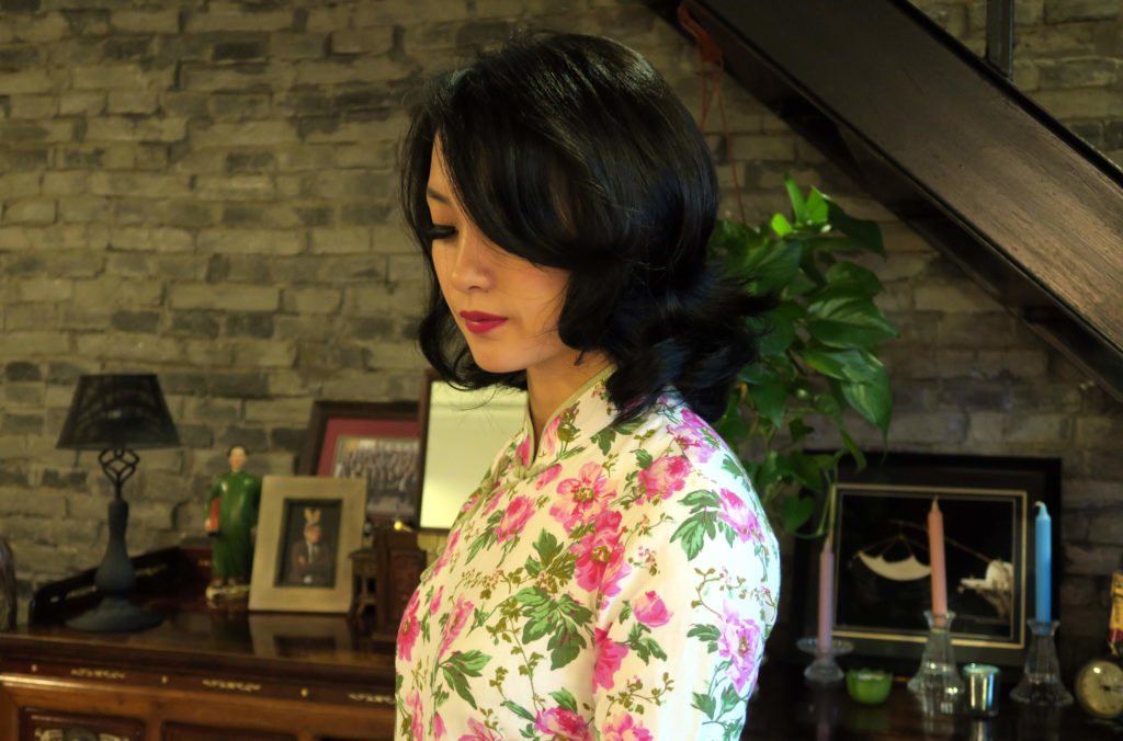My long magenta floral qipao with my new short hair cut. In my old Shanghainese lane house apartment 