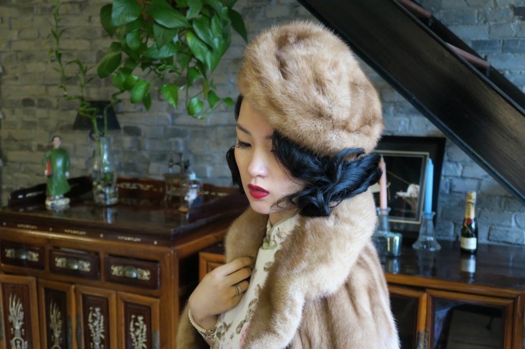 Wearing a qipao with my vintage fur jacket and hat back view front view