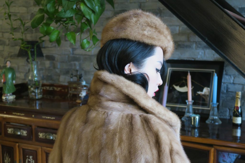 Wearing a qipao with my vintage fur jacket and hat back view