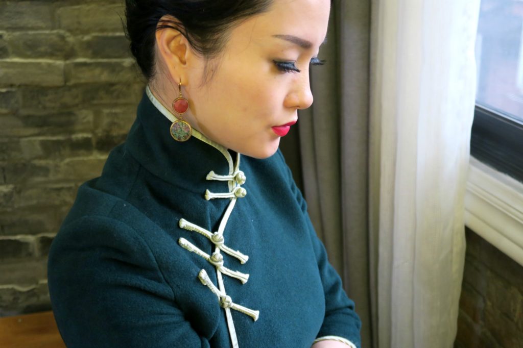 Wearing my forest green cashmere winter qipao with some earrings that I brought back from Turkey a few years back. 
