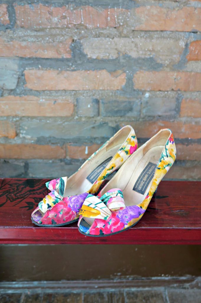Vintage Stuart Weitzman floral heels made from Satin 1970s top view