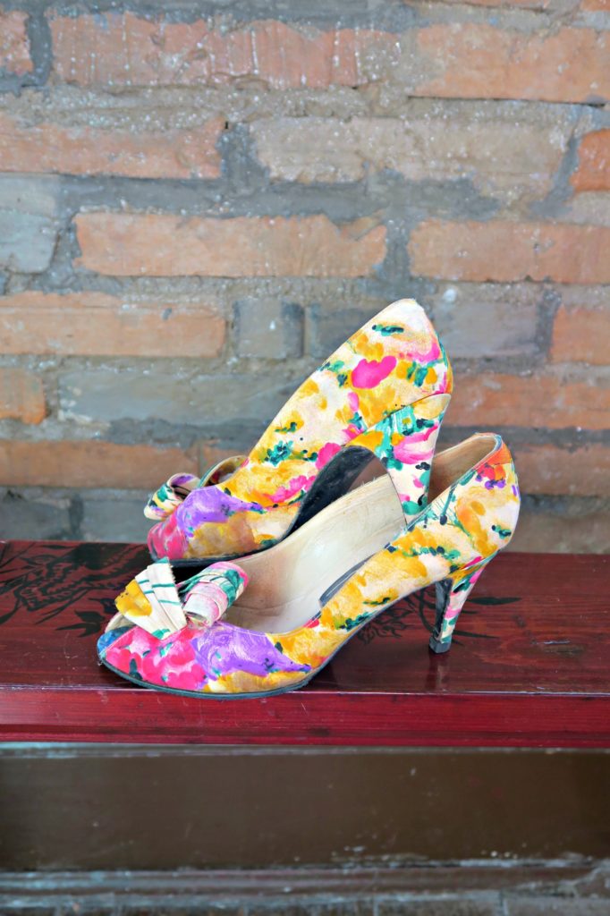 Vintage Stuart Weitzman floral heels made from Satin 1970s side view