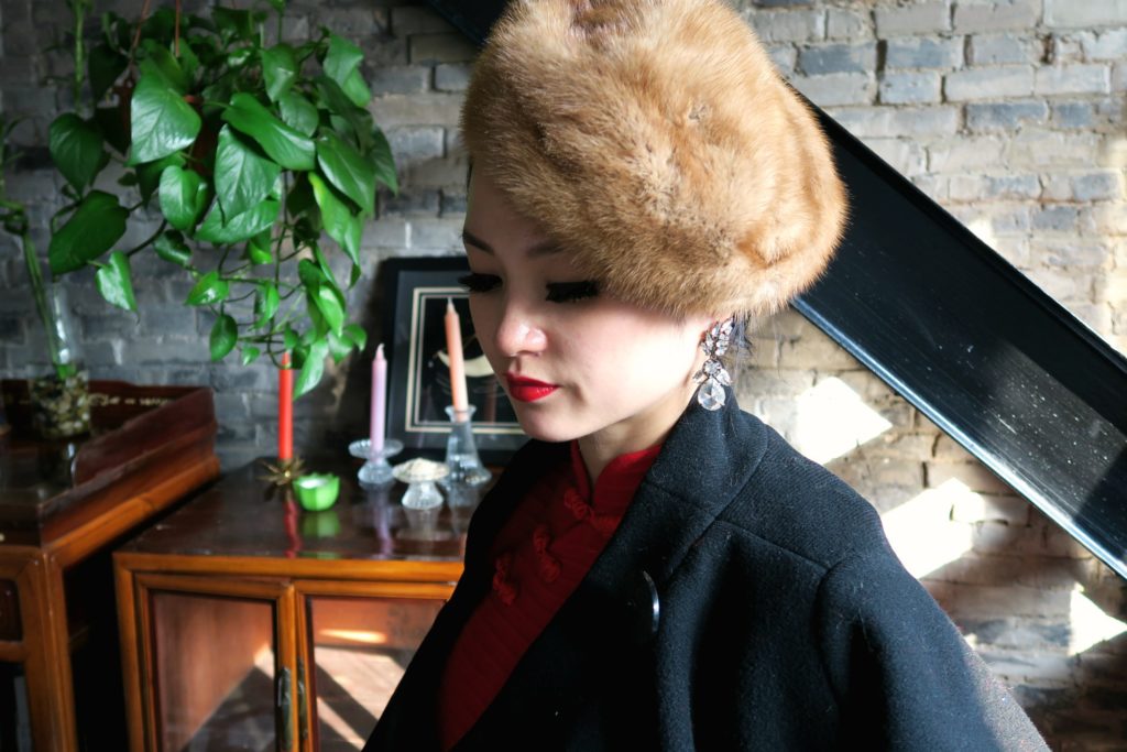 Red stretch wool qipao with vintage Dior coat and fur hat