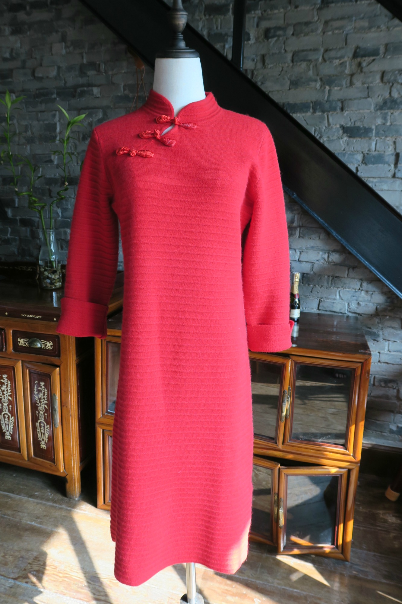 A wintery Chinese New Year outfit: red knitted stretch wool qipao