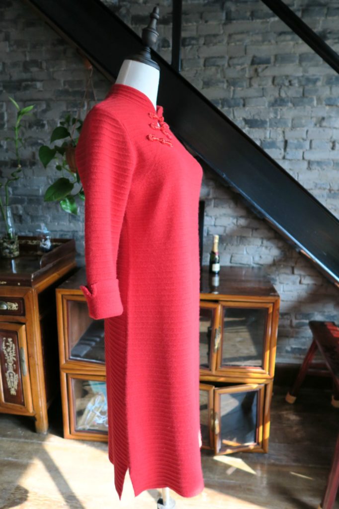 Red knitted stretch wool Chinese New Year qipao side view