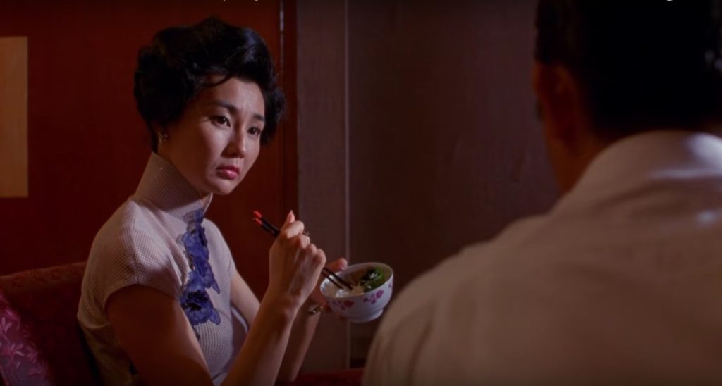 Obsessed with "In the Mood for Love"? The white textured material with blue lace qipao (cheongsam) from the complete list of 20 qipaos from the film. Click the link for more -