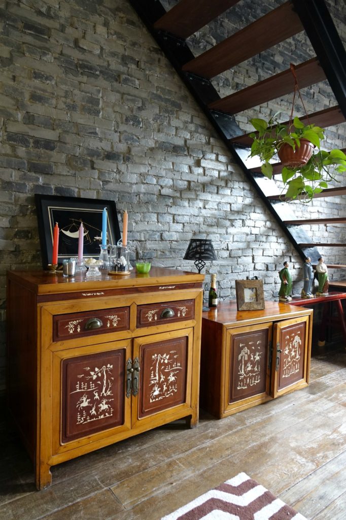 Antique Chinese sideboard with wooden inlay