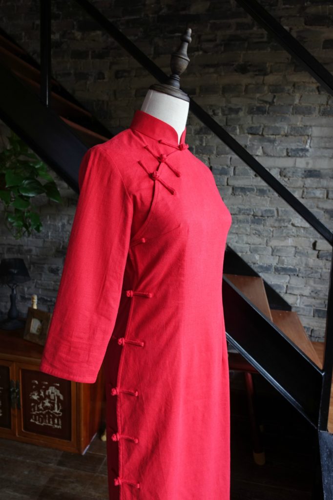 Traditional red qipao cheongsam mannequin diagonal view