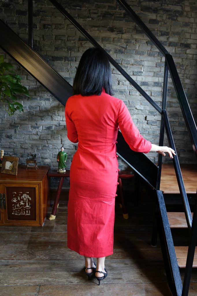 Wearing my traditional red qipao cheongsam with chanel slingbacks - back view