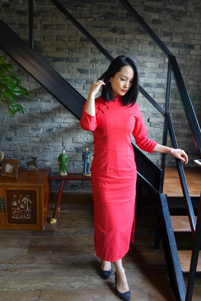 Wearing my traditional red qipao cheongsam with chanel slingbacks