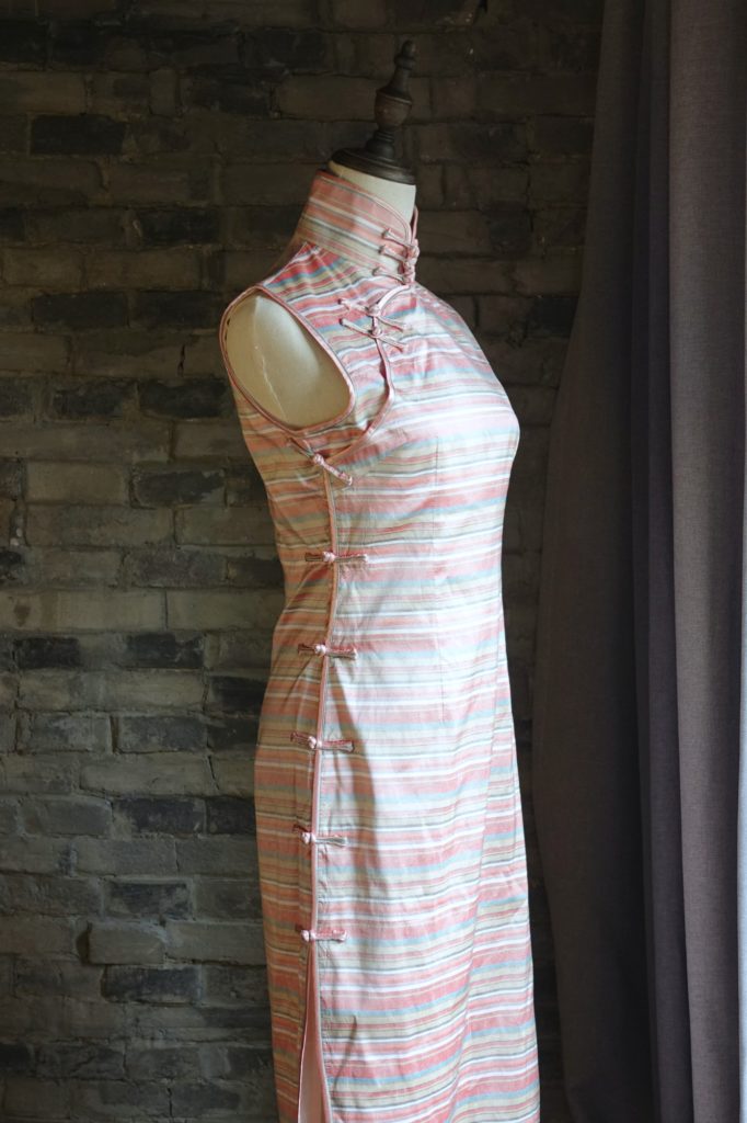 Pink striped sleeveless qipao cheongsam diagonal view