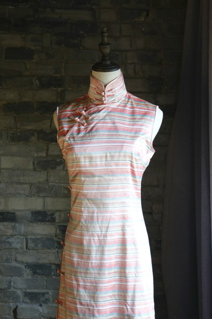 Pink striped sleeveless qipao cheongsam front