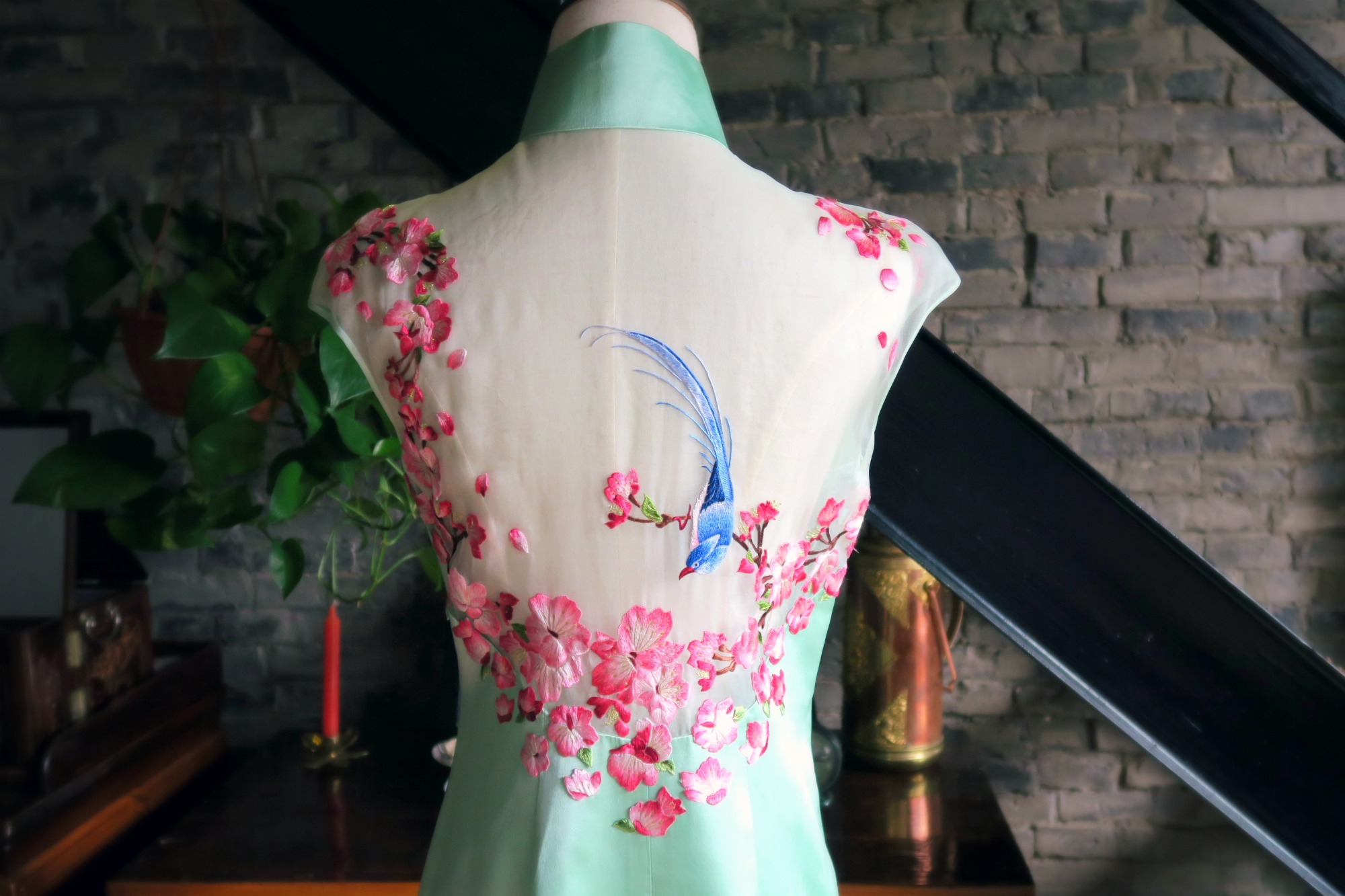 A mint green modern wedding qipao (cheongsam)