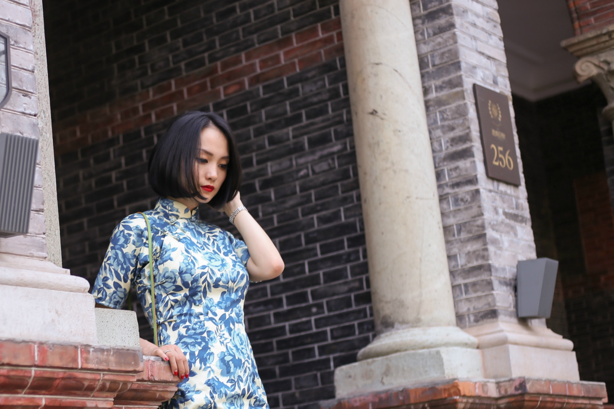 Wearing Blue and white qipao at Sinan Mansions Shanghai